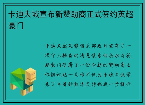 卡迪夫城宣布新赞助商正式签约英超豪门