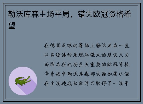 勒沃库森主场平局，错失欧冠资格希望