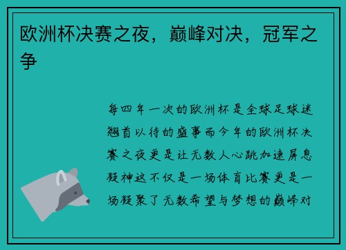 欧洲杯决赛之夜，巅峰对决，冠军之争