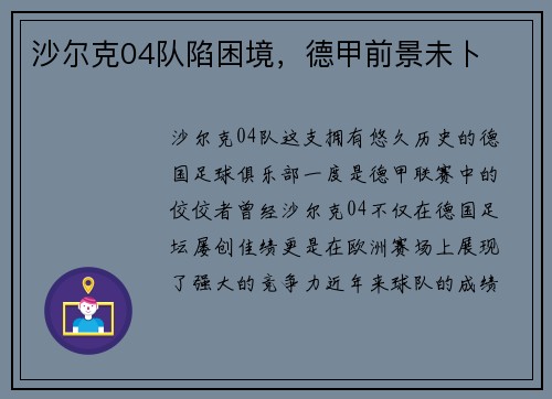 沙尔克04队陷困境，德甲前景未卜