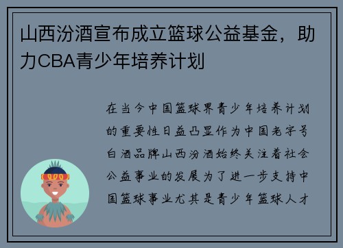 山西汾酒宣布成立篮球公益基金，助力CBA青少年培养计划