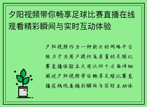 夕阳视频带你畅享足球比赛直播在线观看精彩瞬间与实时互动体验